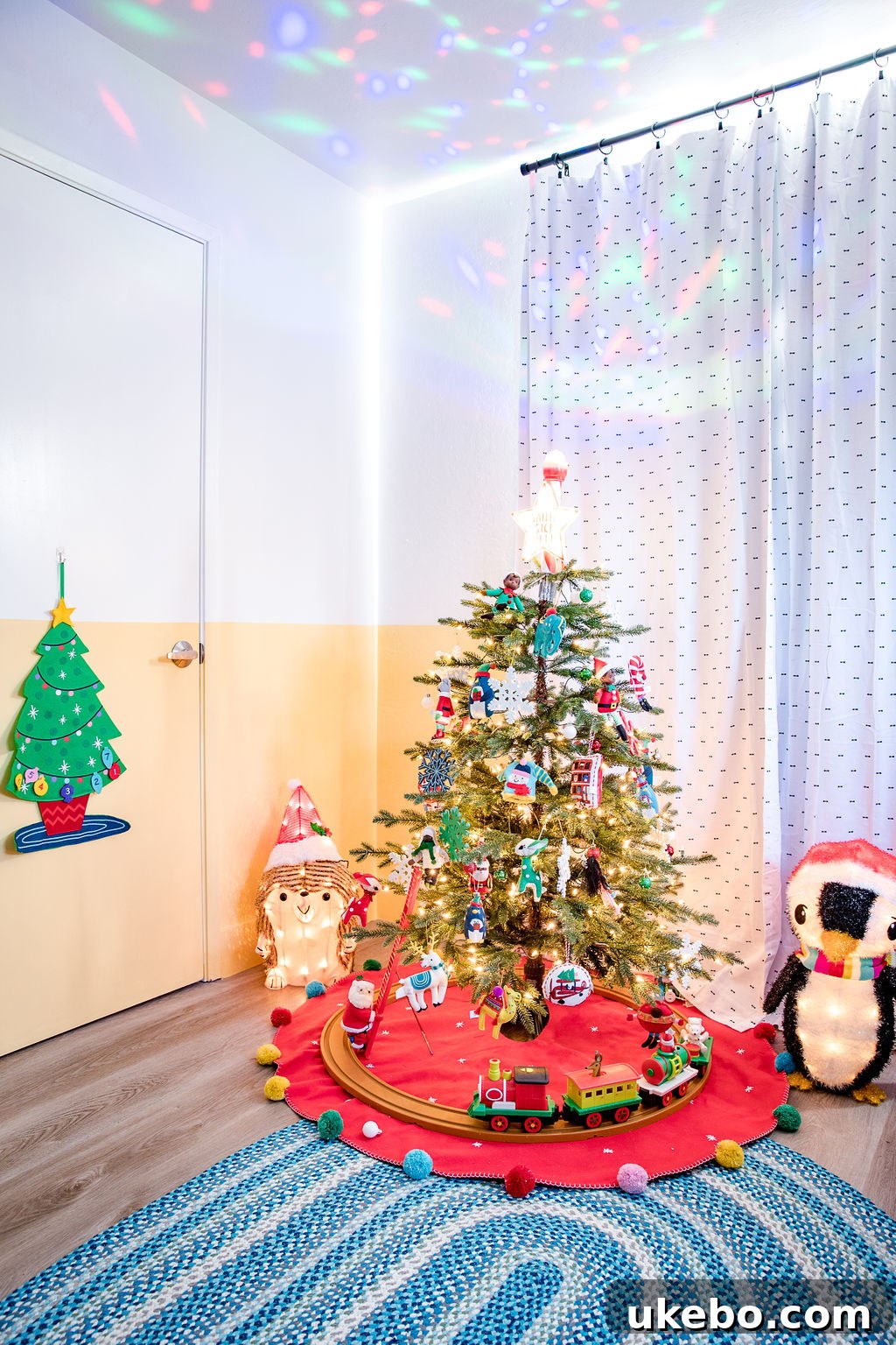Close-up of festive bedding and holiday themed decor in the twins' cheerful room, highlighting cozy textures.