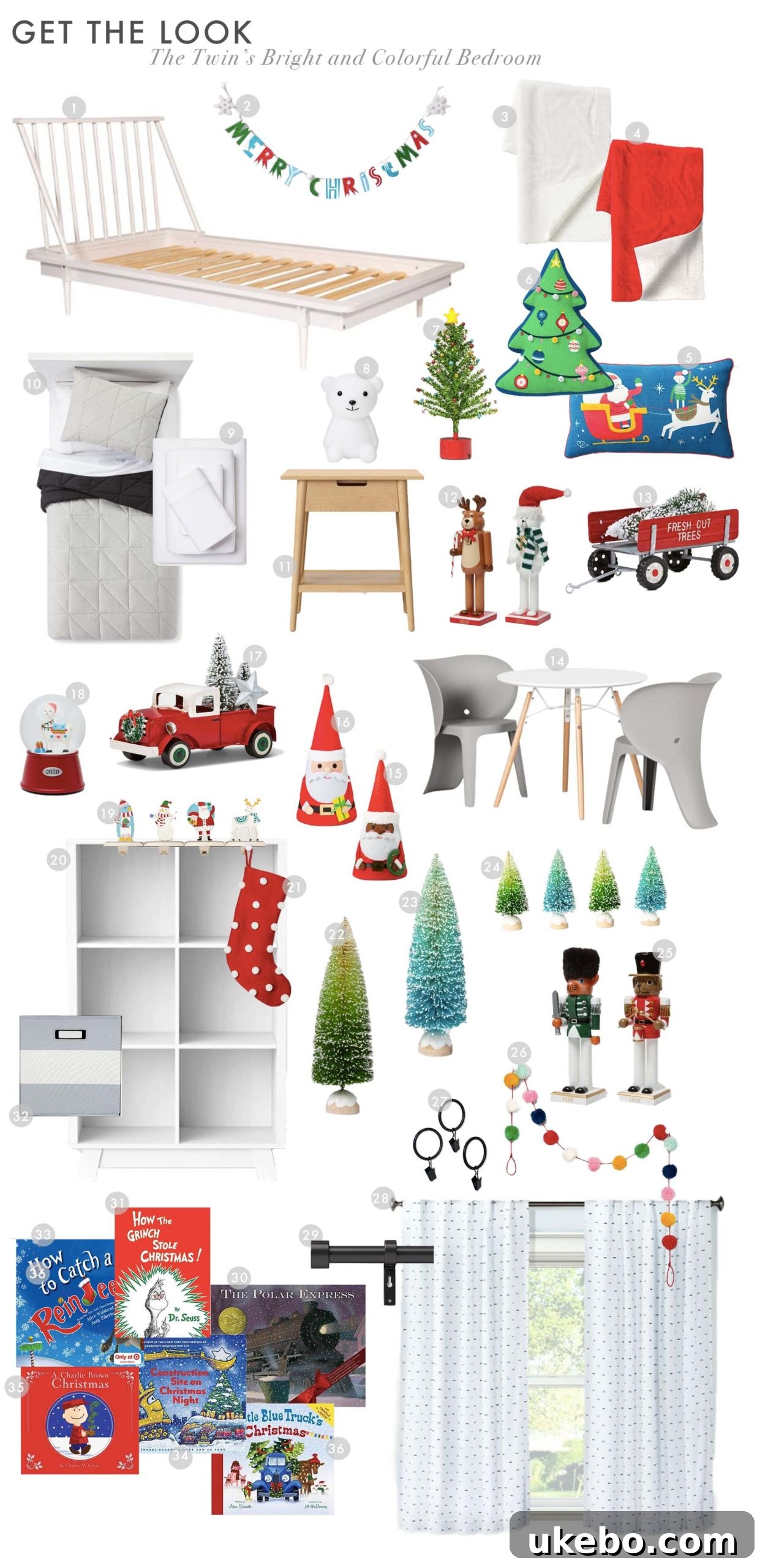Product collage showcasing furniture and decor for a cheerful kids' bedroom makeover, with numbered items for easy shopping.