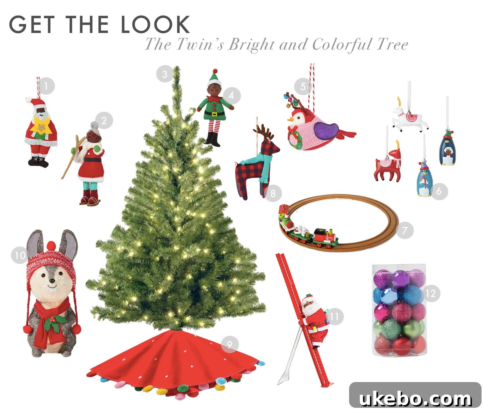 Close-up of a festive Christmas tree and various ornaments used in the twins' room decor, showing holiday spirit.