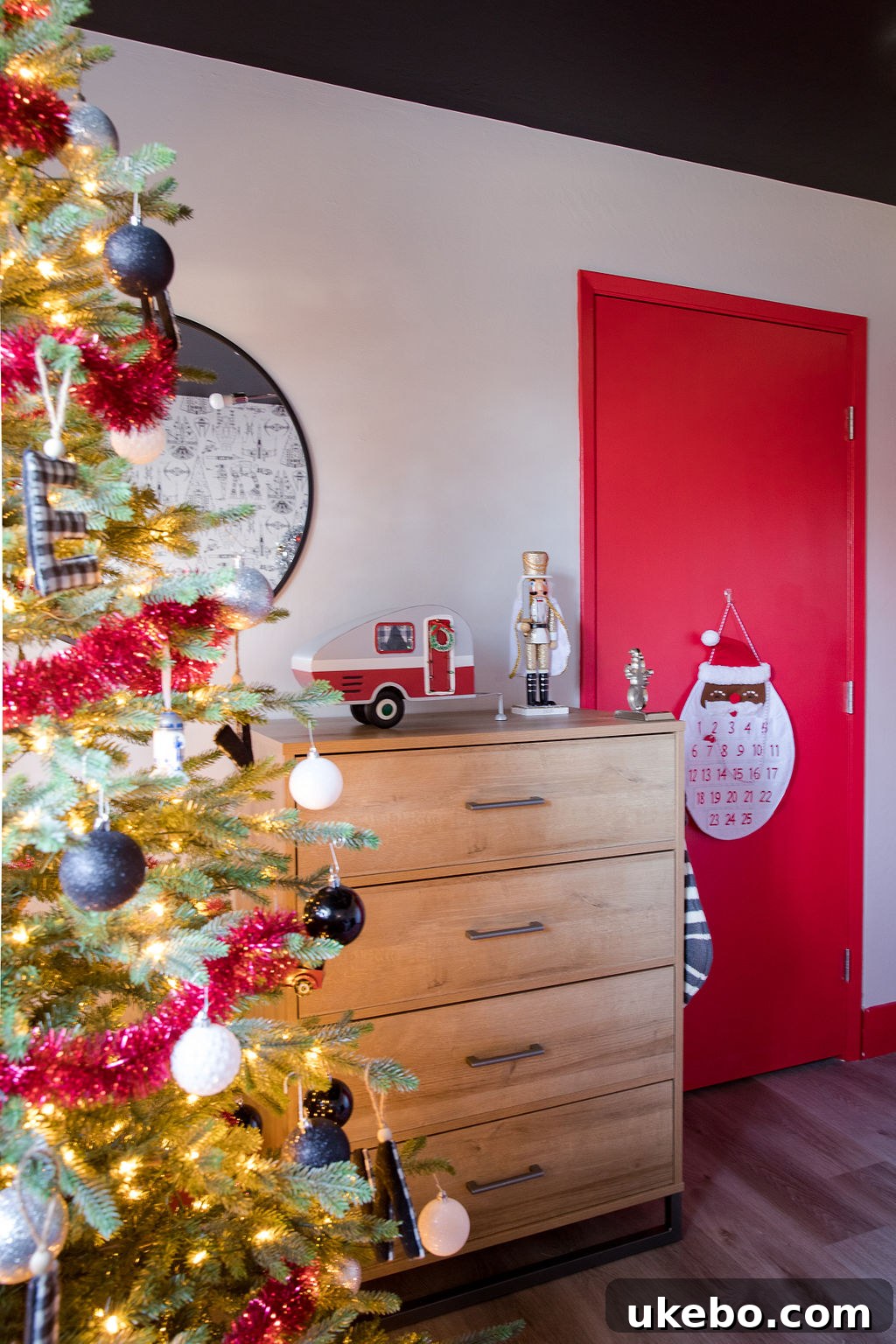 Detailed shot of the holiday decorations, including a festive garland and ornaments