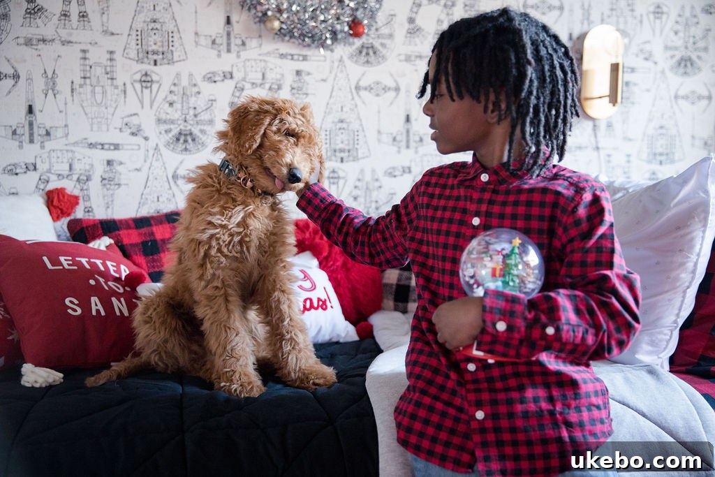 Devin playing with his new Goldendoodle puppy, Sadie, in his room