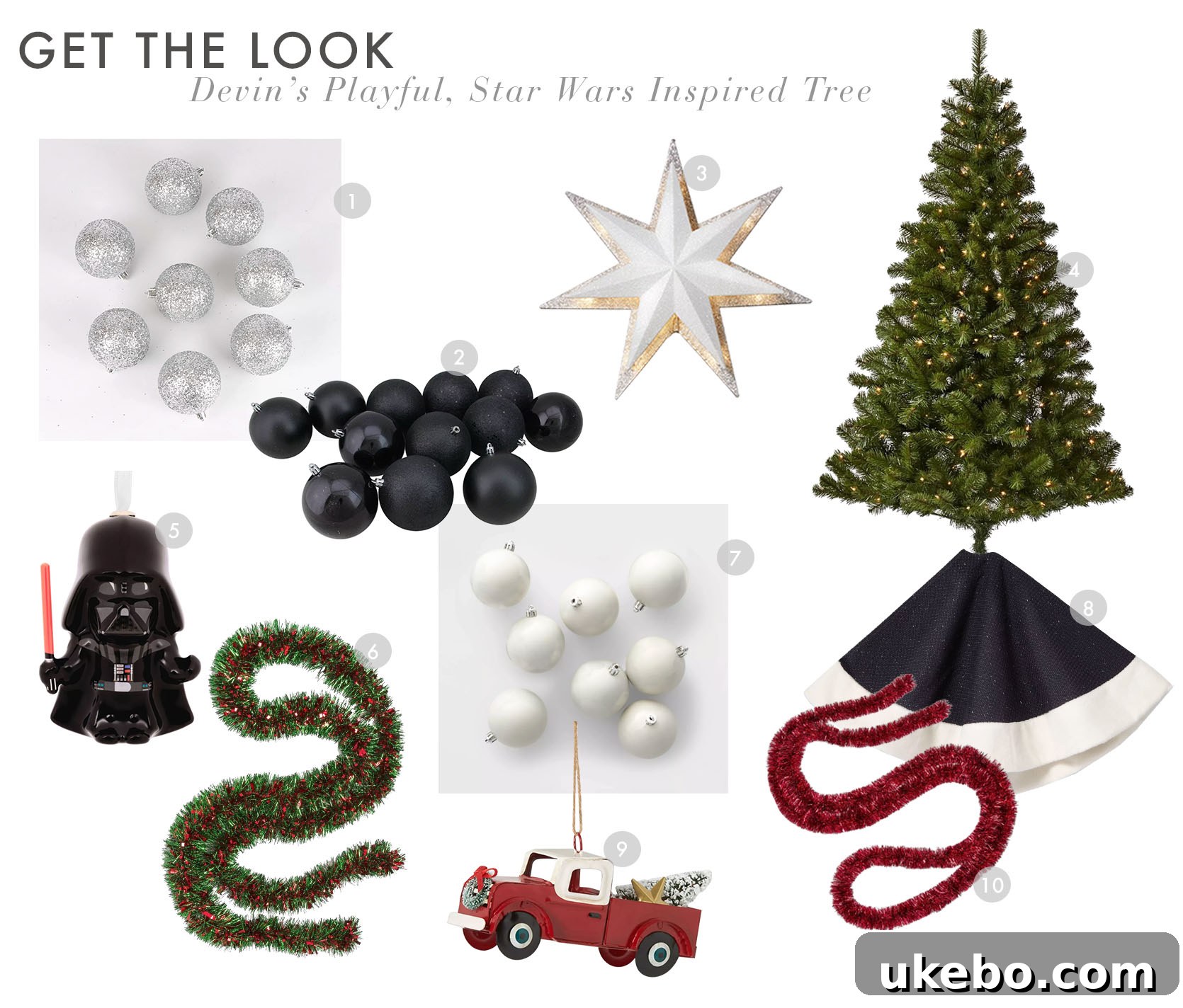 A visual guide to holiday ornaments and decorations used in Devin's room