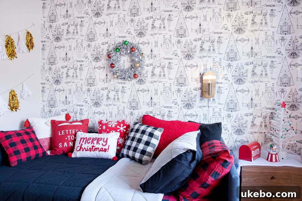Close-up of the daybed with storage, showcasing decorative pillows and holiday accents