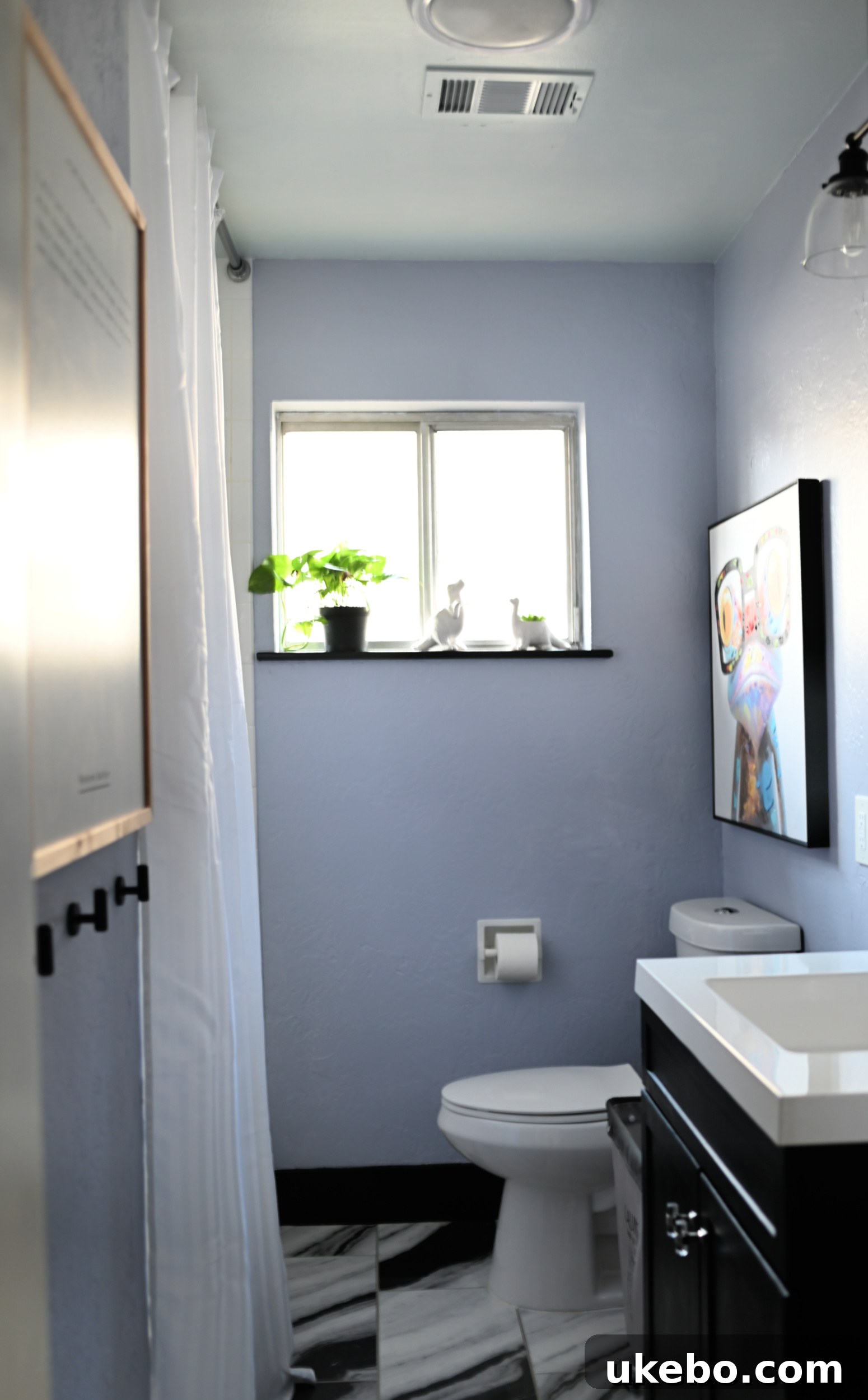 You Won't Believe What Paint Can Do 11 Close-up of black bath accessories and decor against Daydream blue walls, emphasizing the modern contrast.