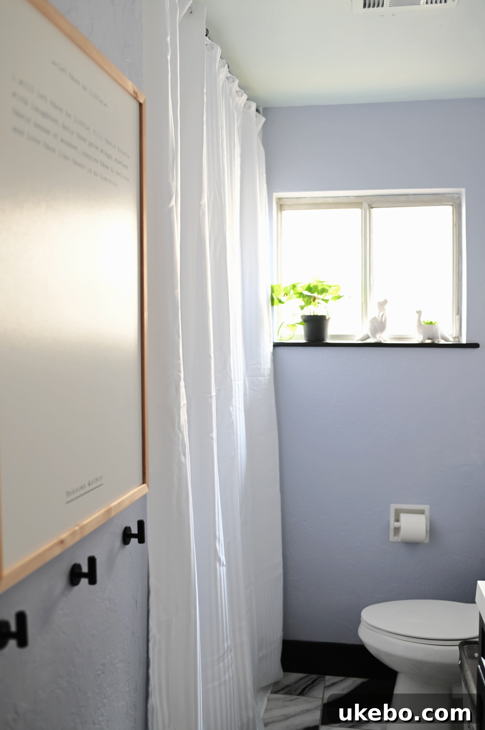 You Won't Believe What Paint Can Do 9 Detailed shot of bathroom decor with light blue walls, black shelving, and a woven basket, creating a balanced and stylish look.
