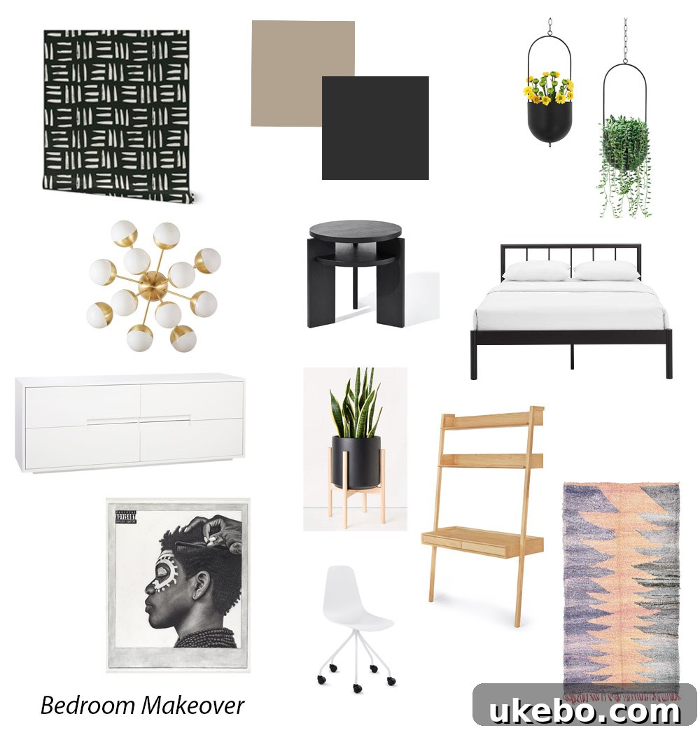 Michael's Modern Neutral Teen Bedroom Makeover 4 Mood board for Michael's teen room makeover, featuring Sherwin-Williams Tony Taupe and Tricorn Black, along with modern furniture and art.