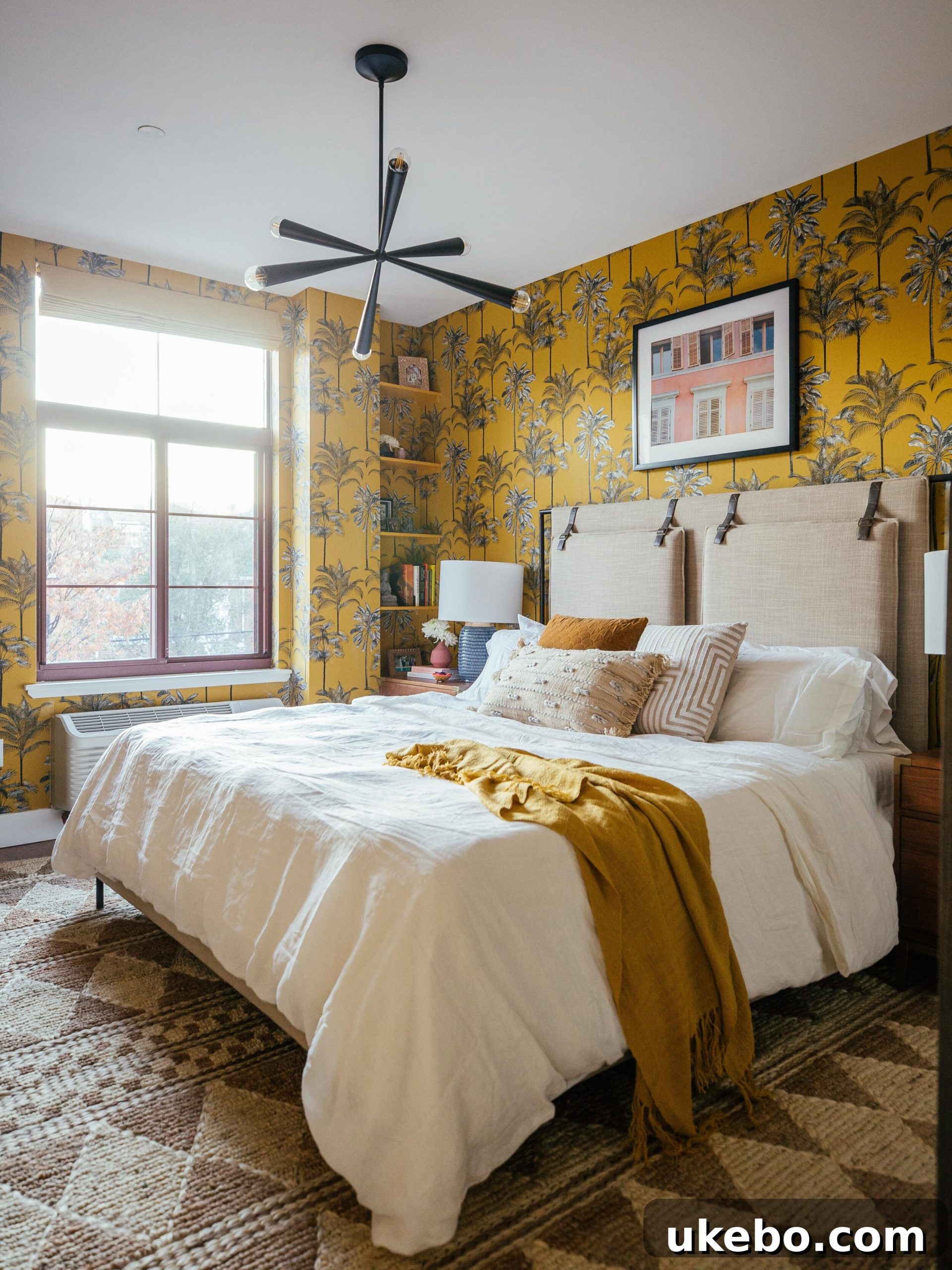 Detail view of a bedroom with golden yellow wallpaper