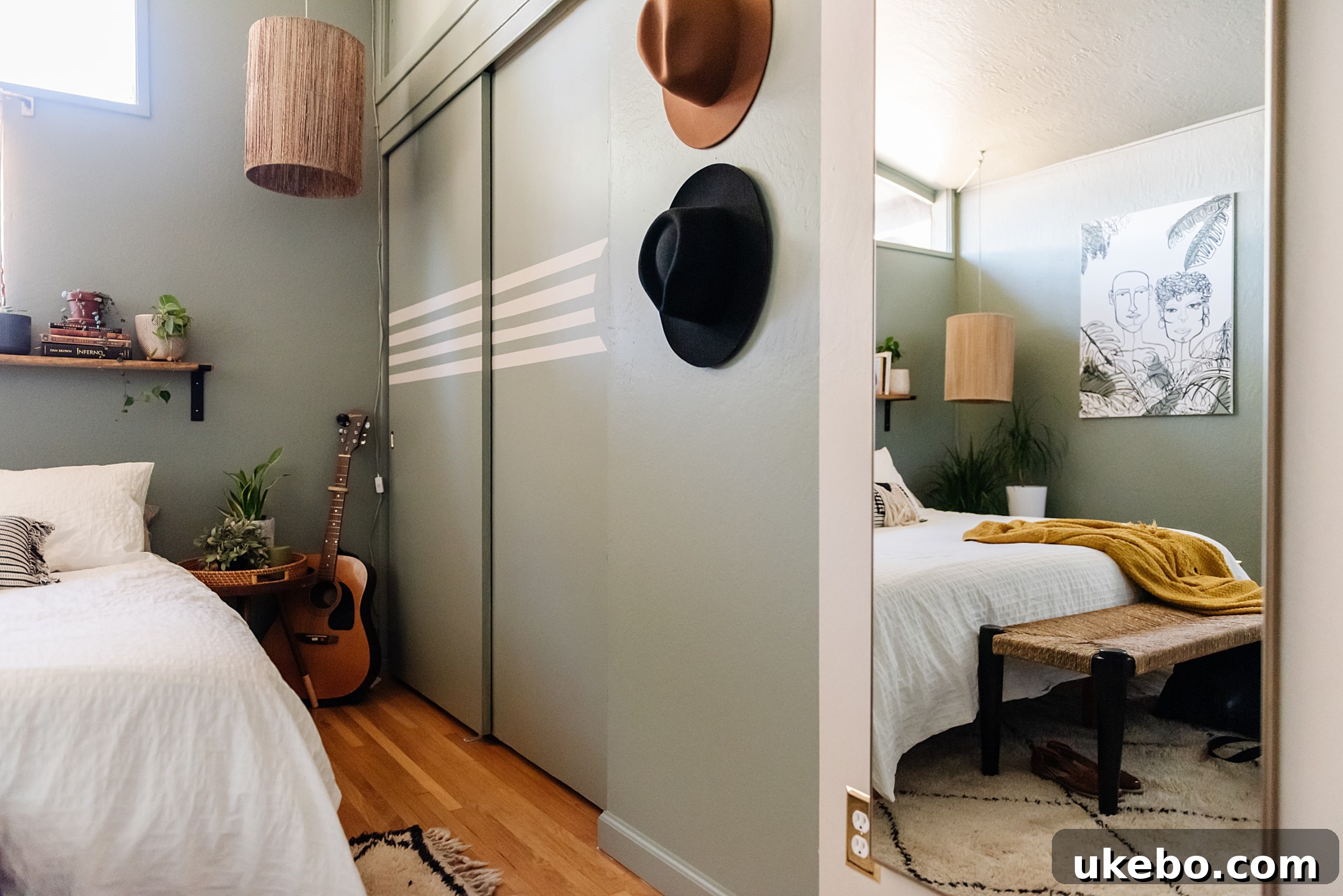 A wider shot showing how the abstract painted details integrate with the overall design and color scheme of the bedroom.