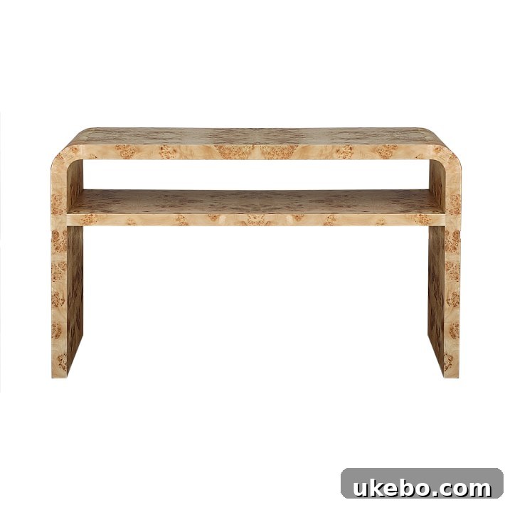 A sophisticated burlwood console table with clean lines, perfect for an entryway.