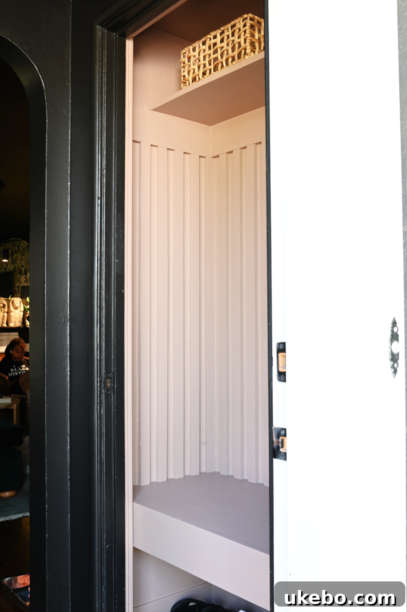 Close up of wood slat detail and paint in closet