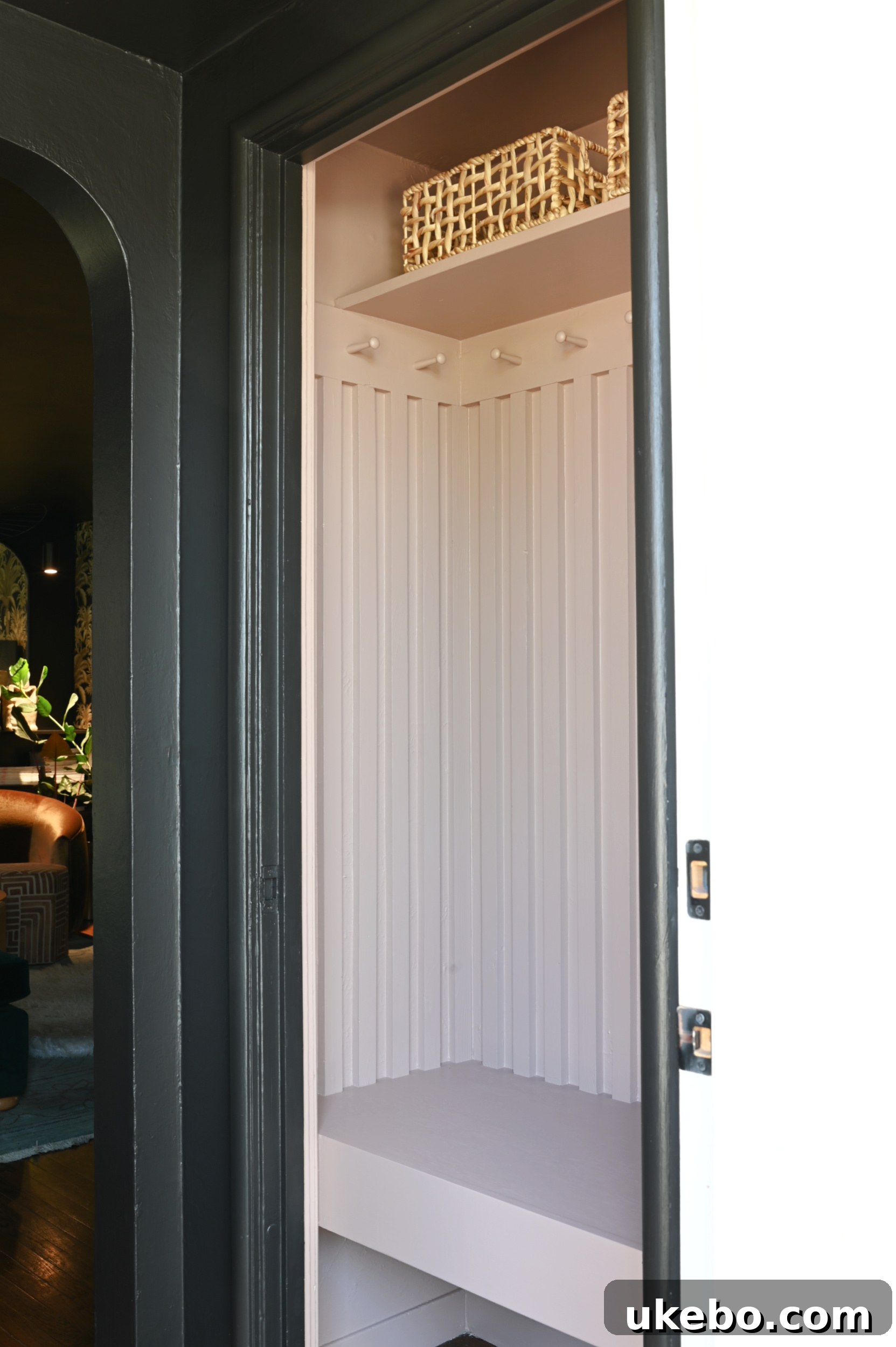 Finished entryway closet with shaker pegs painted Redend Point