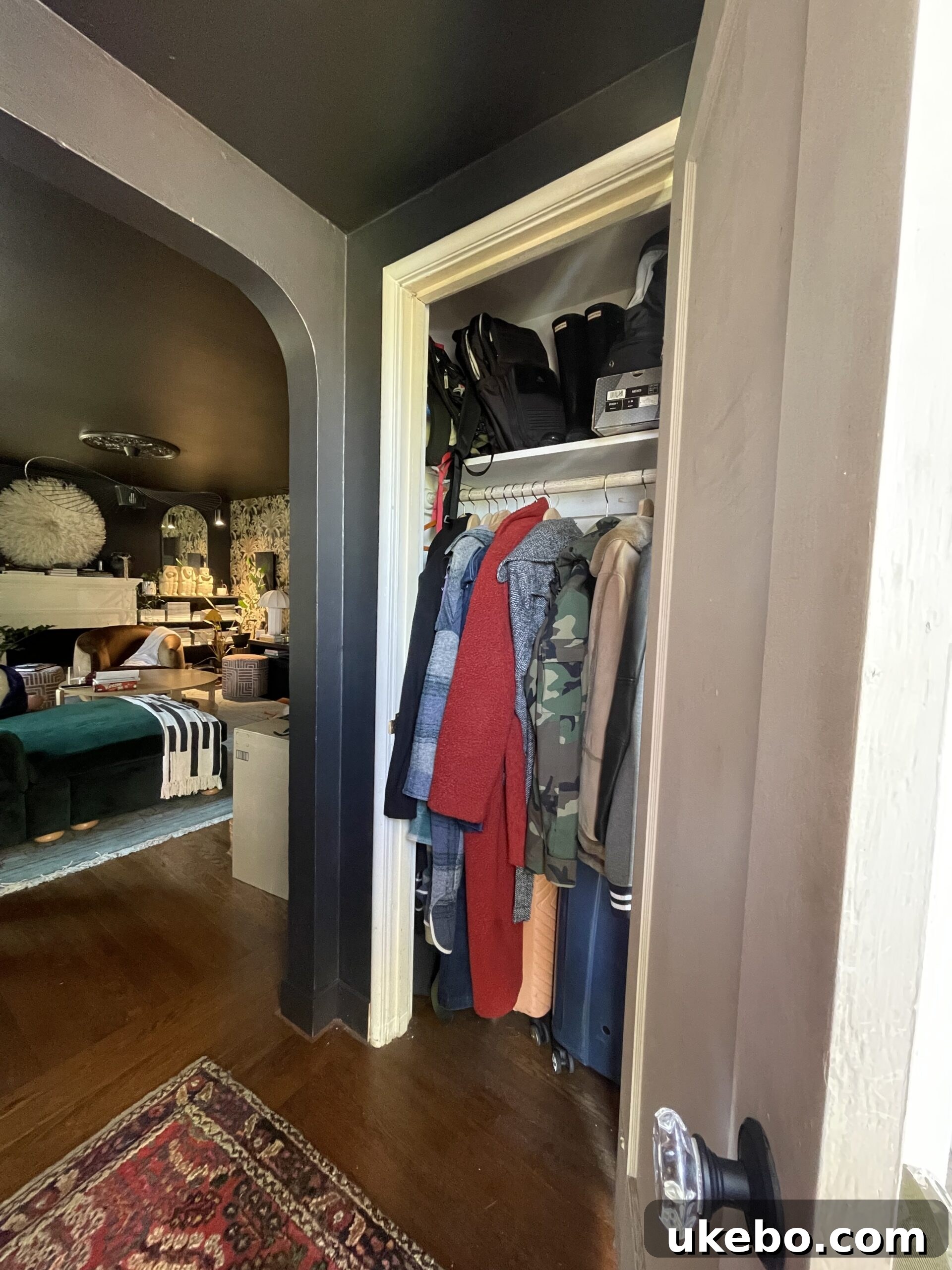 Entryway closet before renovation showing hanging items