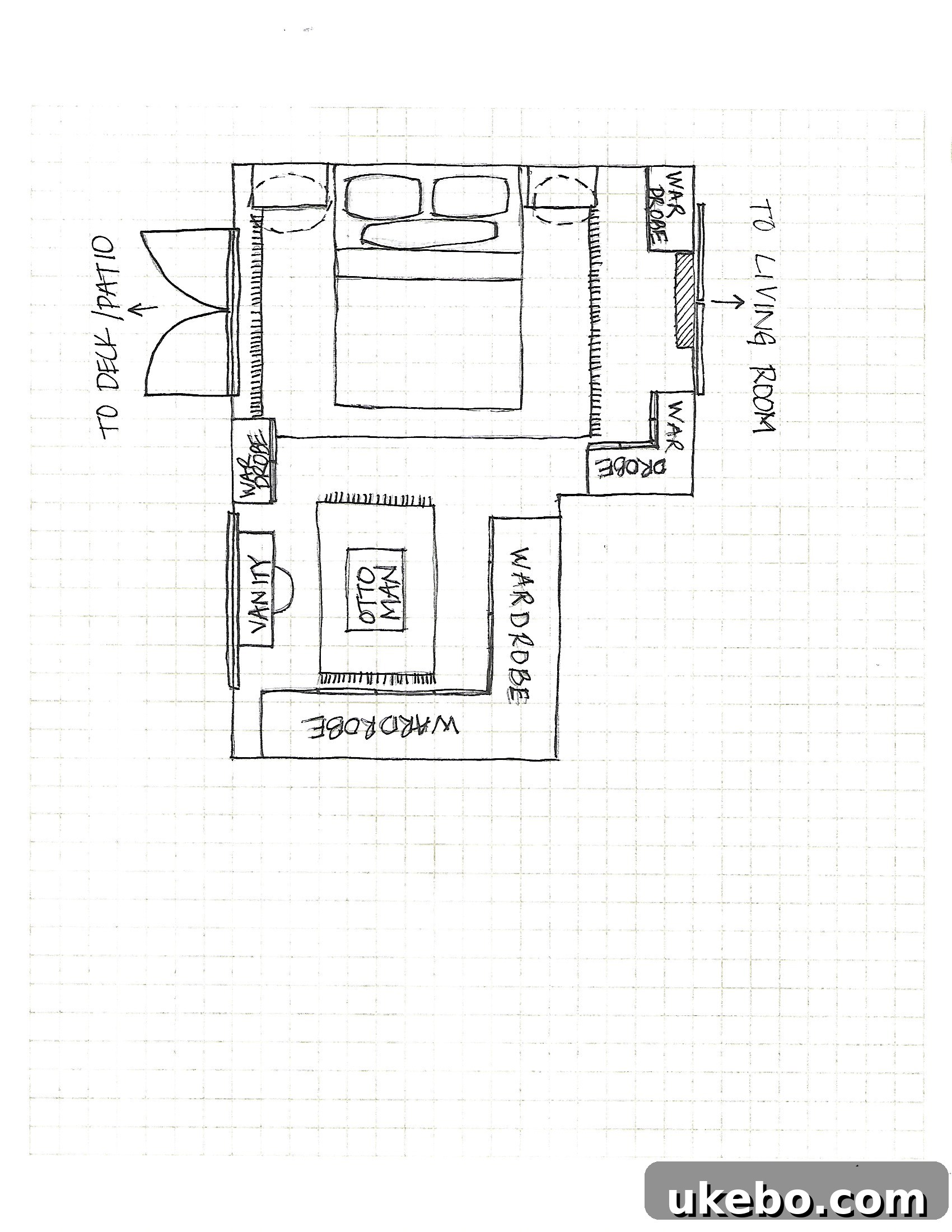 Hand-drawn floorplan illustrating the proposed new bedroom layout.