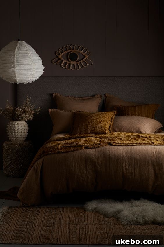 Minimalist bedroom with warm neutral colors and soft lighting.