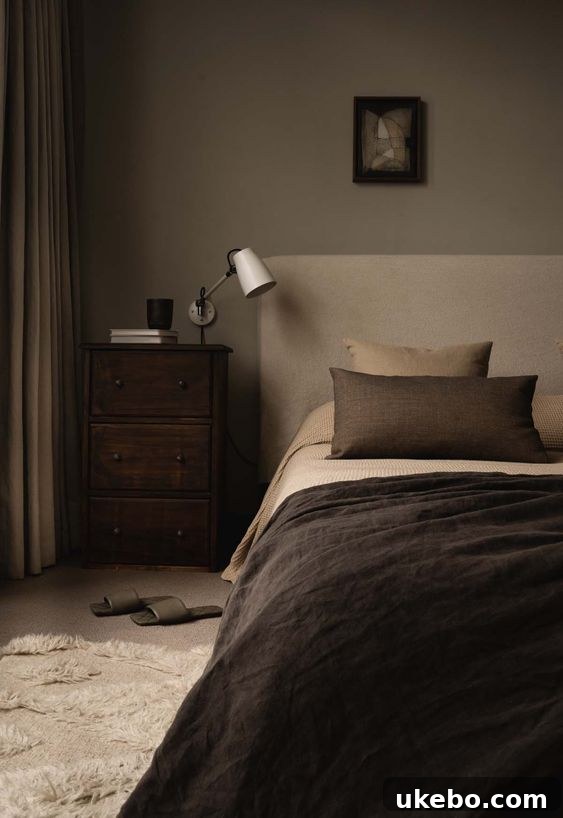 Textural bedroom with a focus on natural materials and calm ambiance.