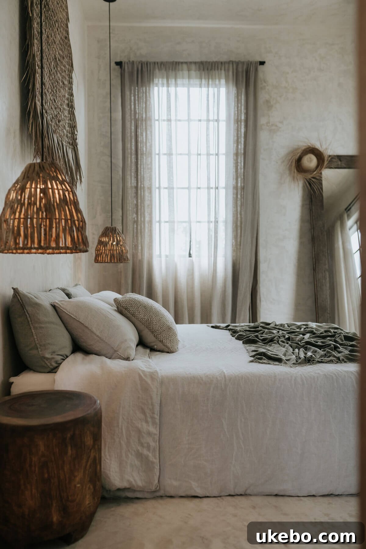 Balinese-inspired bedroom with natural wood and serene atmosphere.