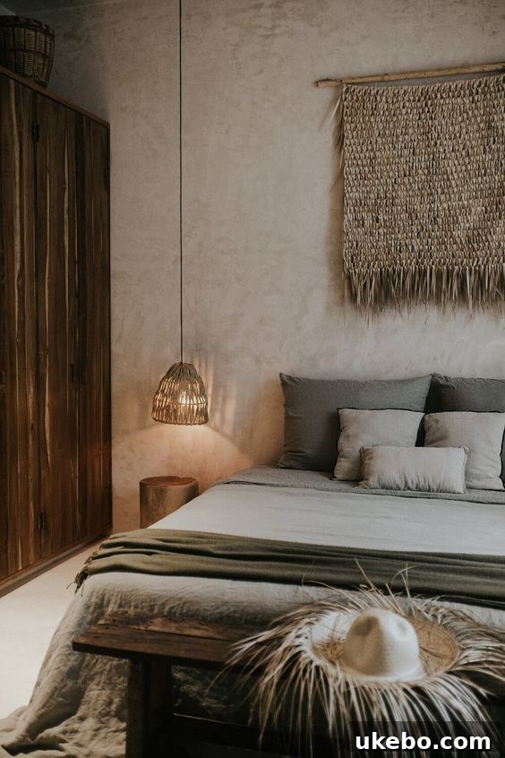 Bedroom with a strong emphasis on natural textures and a calm color palette.