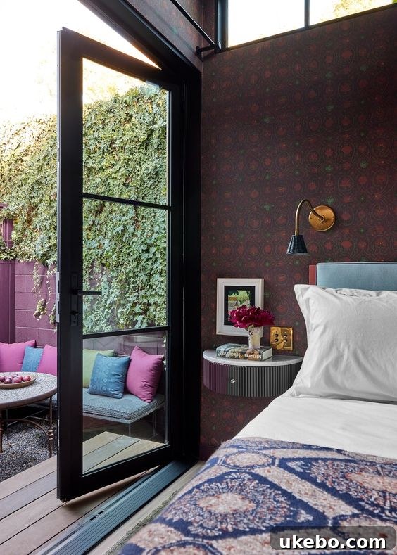 Eclectic bedroom with rich colors and curated decor.