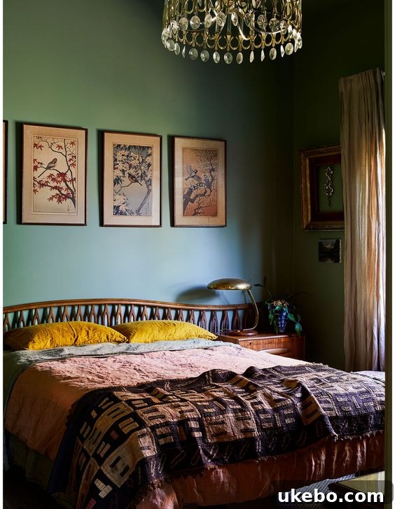 Bedroom featuring bold art and a mix of textures.