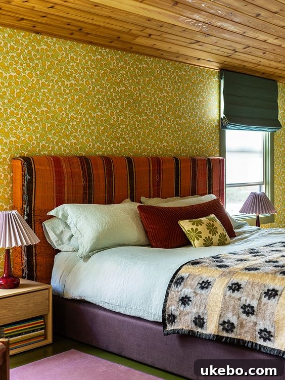 Bohemian bedroom with layers of textiles and natural elements.