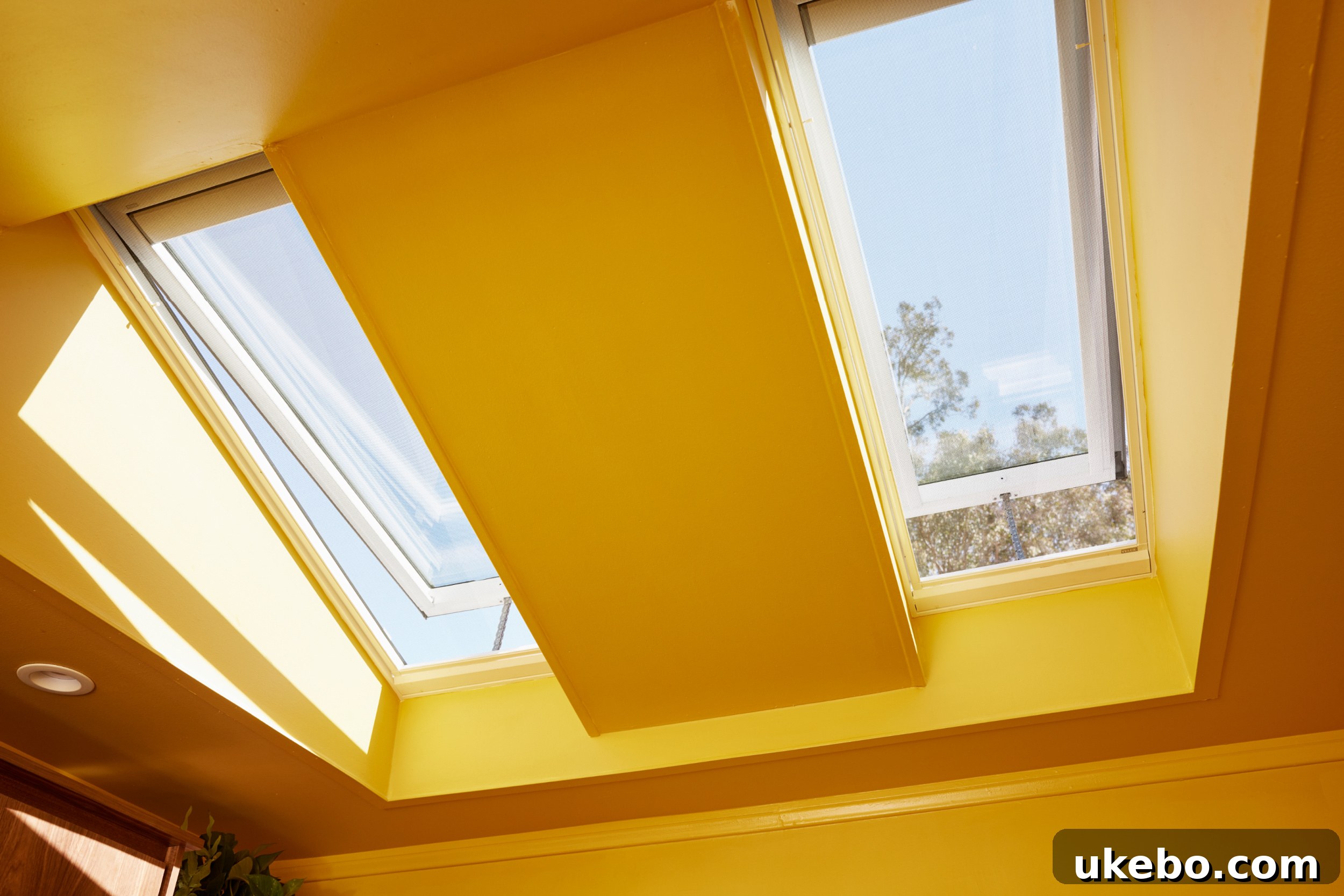 Velux Natural Light Room Makeover Contest 7 Image showing the enhanced golden yellow walls and ceiling after skylight installation, bathed in natural light