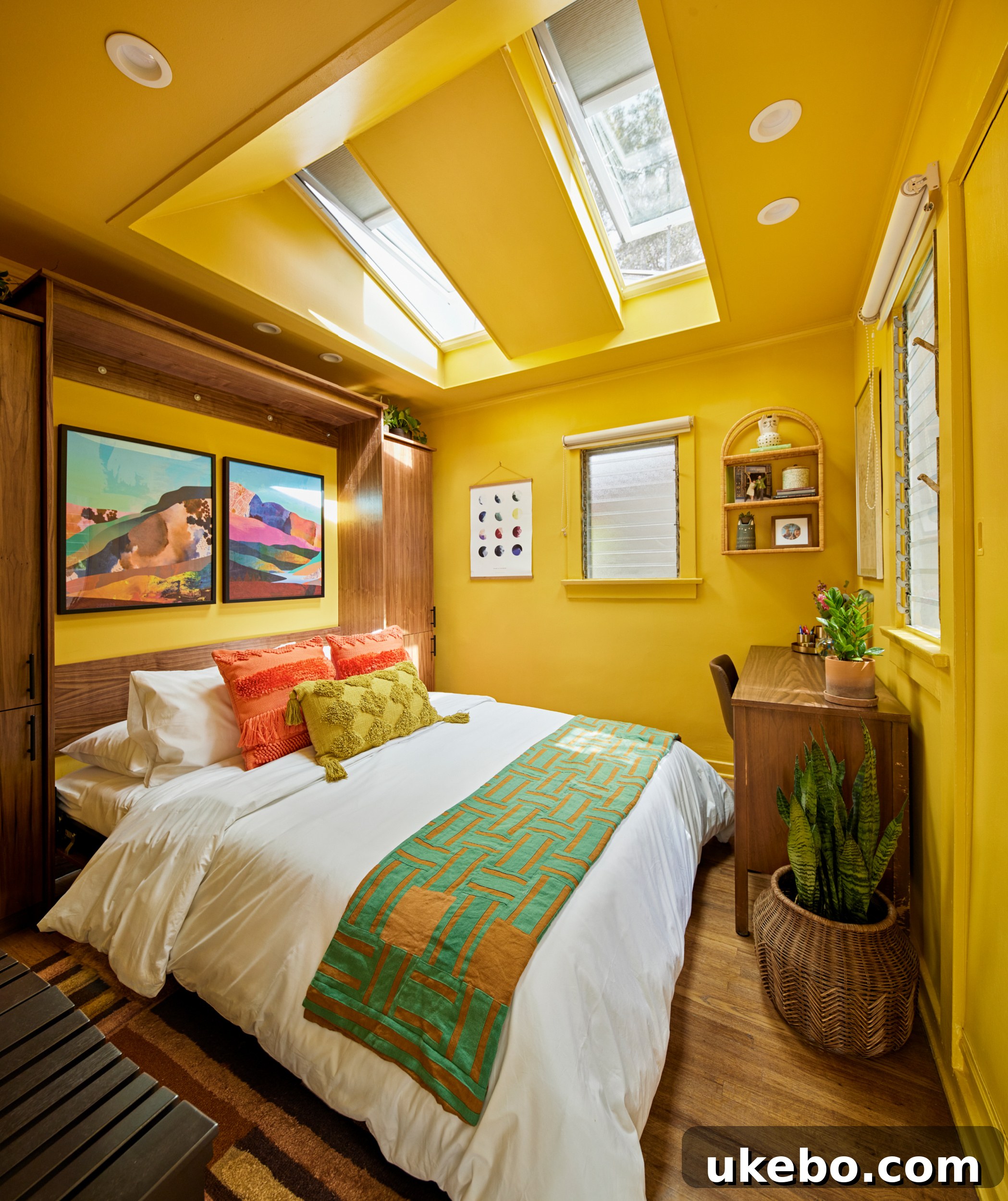 Velux Natural Light Room Makeover Contest 8 Close-up of a colorful blanket and decor on the bed, showing how it complements the golden yellow walls