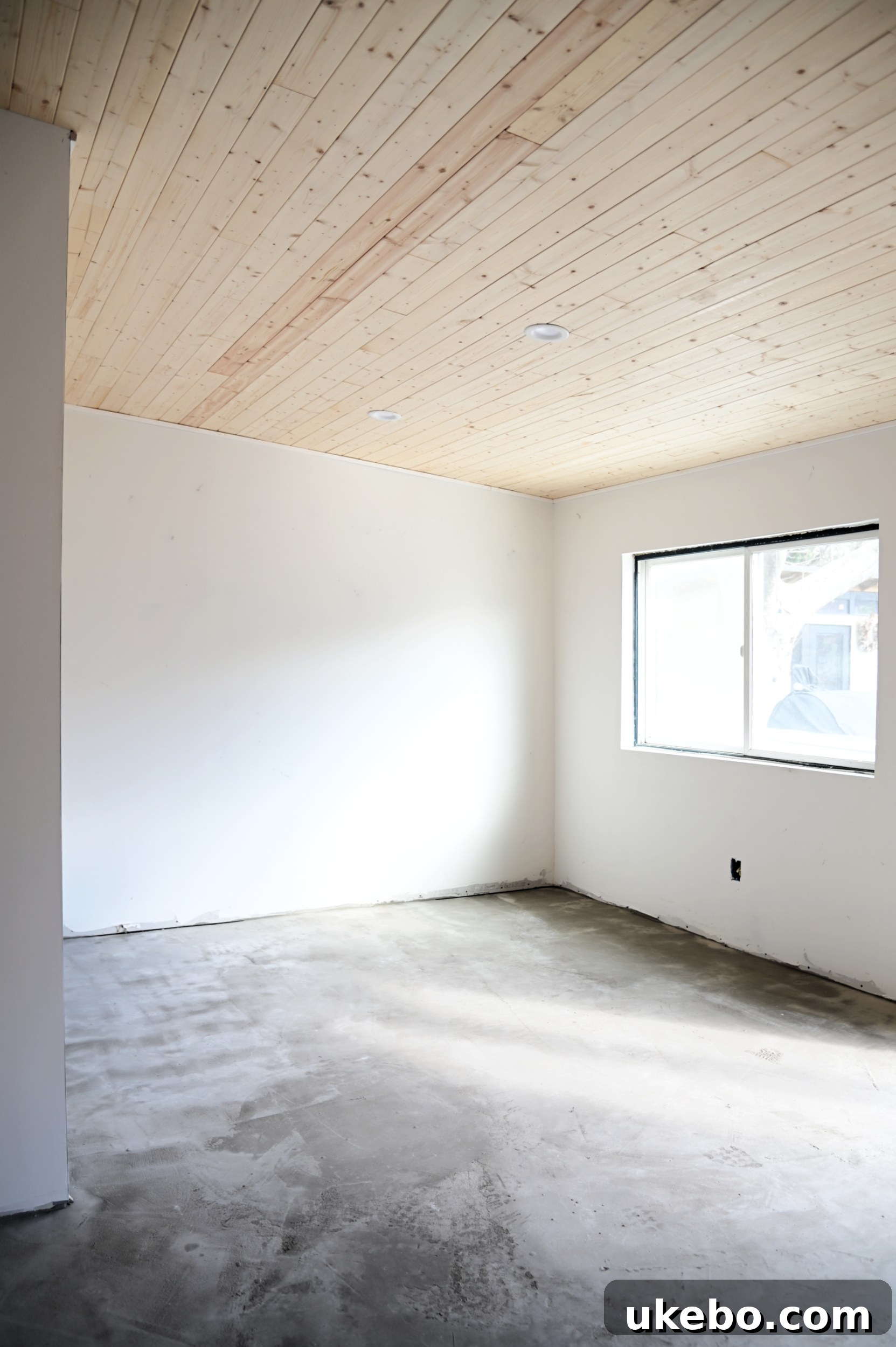 Before and after view of the bedroom renovation process, highlighting structural changes and initial design elements.