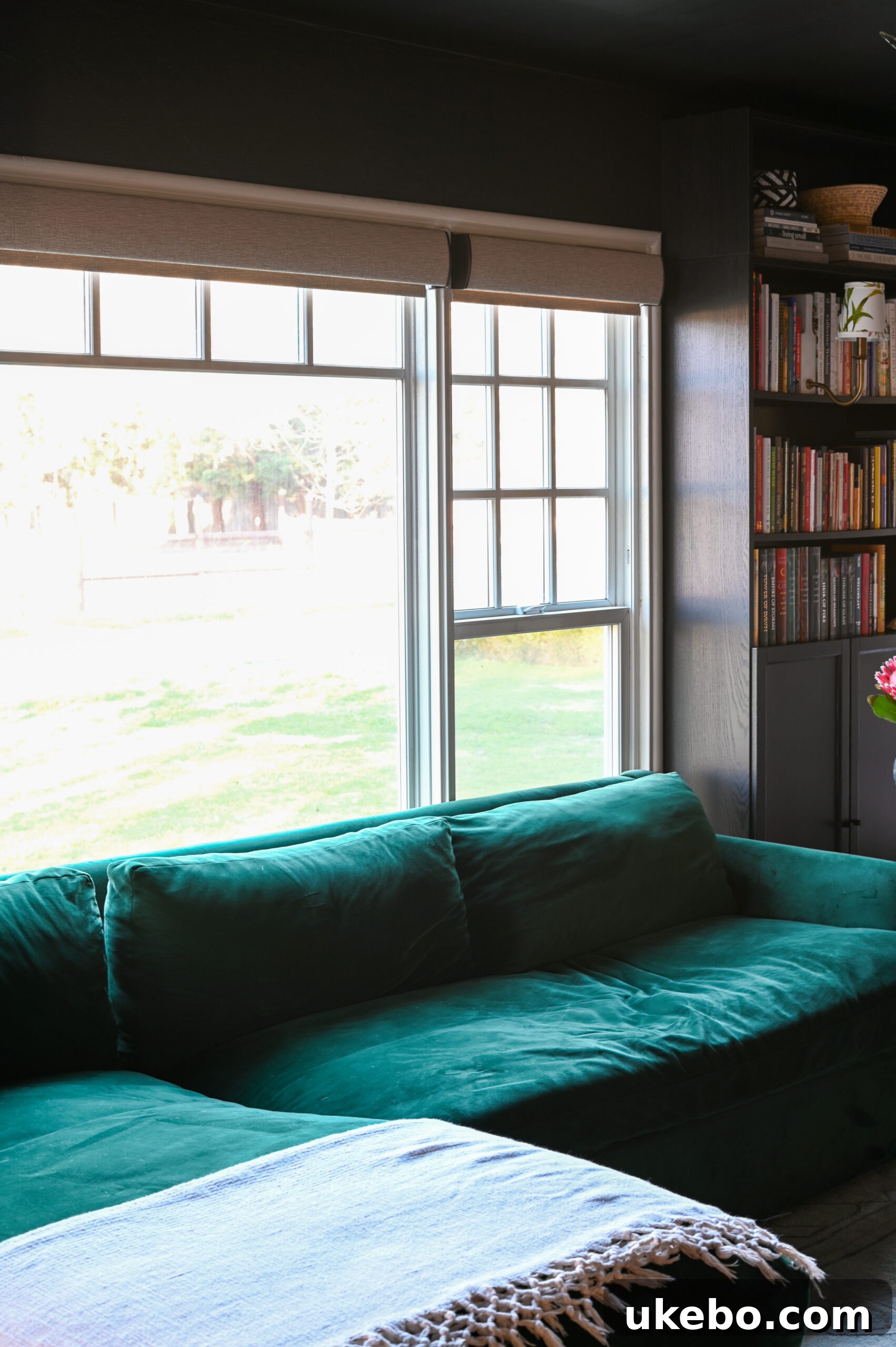 living room with smart roller shades